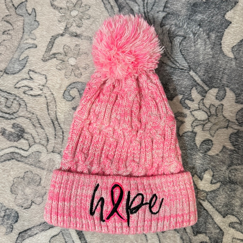 Cancer Awareness HOPE Pink Knit Beanie with Pom Pom